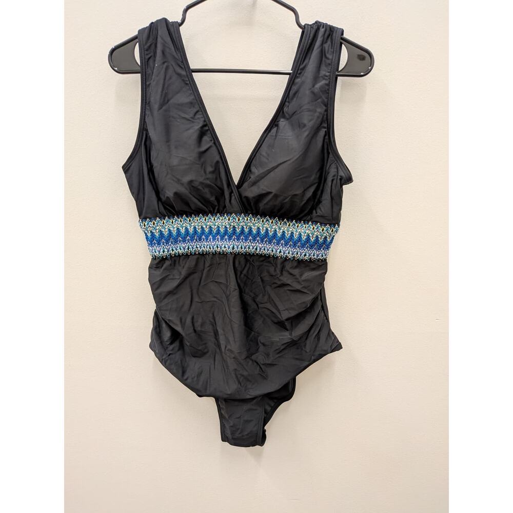 Women’s Black One Piece Swimsuit Size M V Neck Tummy Control Smocked